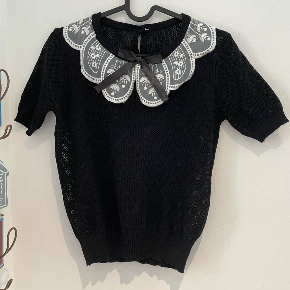 Vintage cute floral embroidered Peter Pan collar knitted short sleeves top sizeS